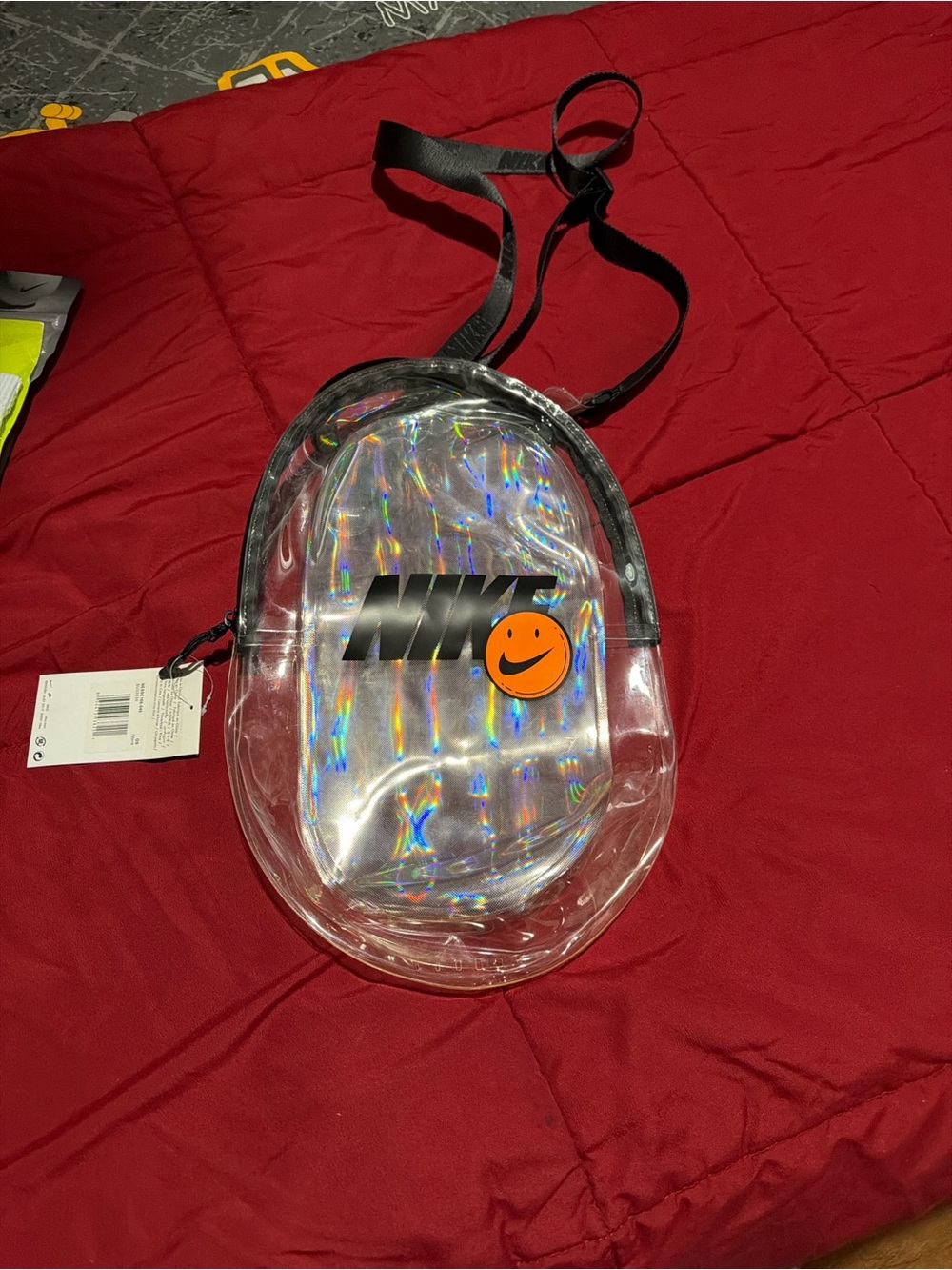 Nike Clear Holographic Crossbody Bag with Black Trim and Orange Smiley